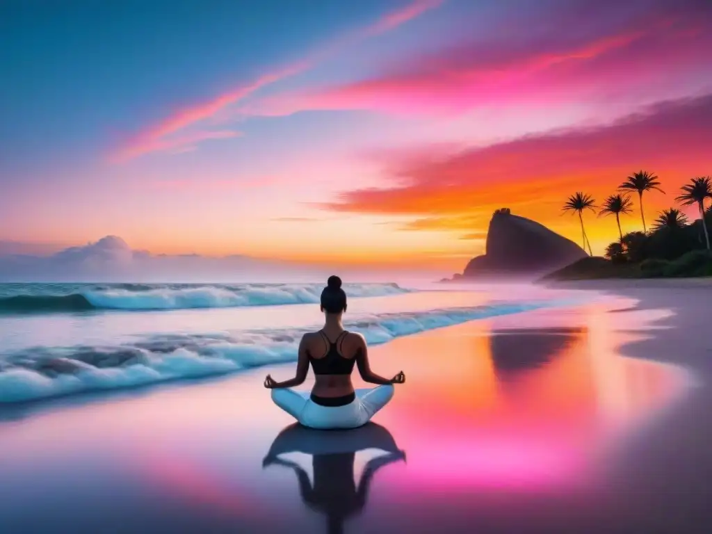 Silueta practicando yoga en la playa de Uruguay al atardecer, transmitiendo calma y paz mental