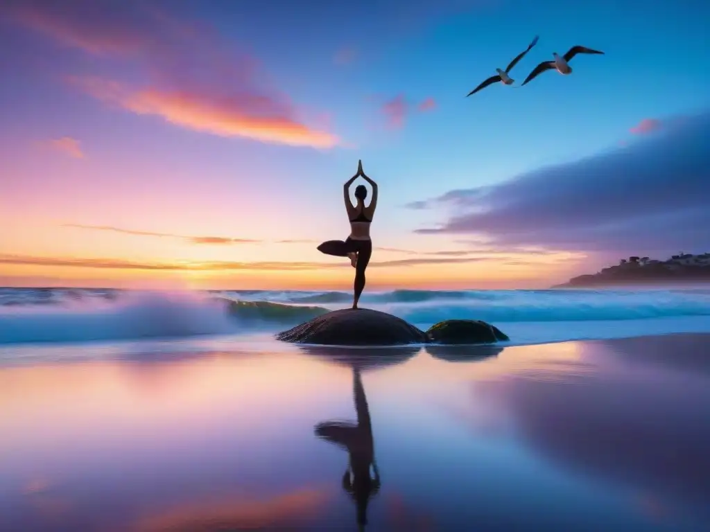 Silueta practicando yoga en la playa de Uruguay al amanecer con gaviotas y palmeras