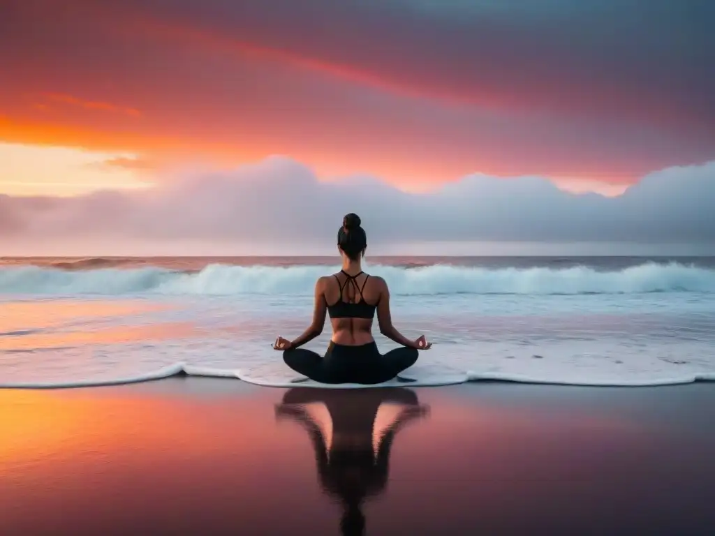 Silueta practicando yoga al amanecer en playa uruguaya: consejos yoga principiantes Uruguay