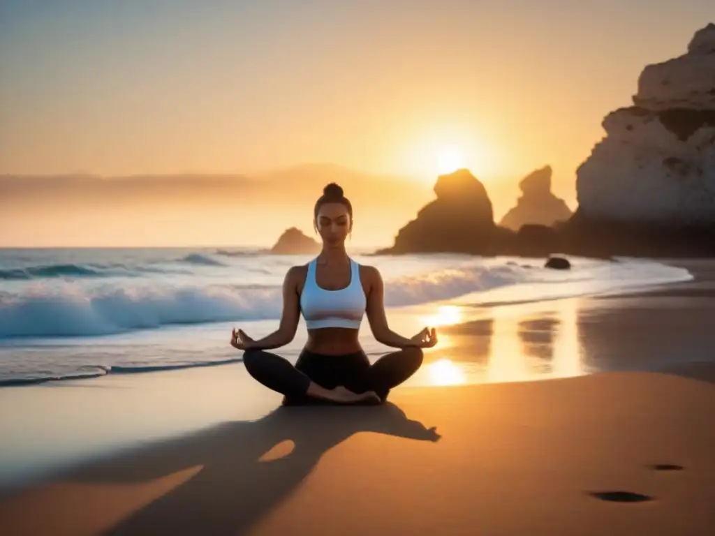 Silueta practicando yoga al amanecer en Rocha, con olas y suave luz creando atmósfera inspiradora