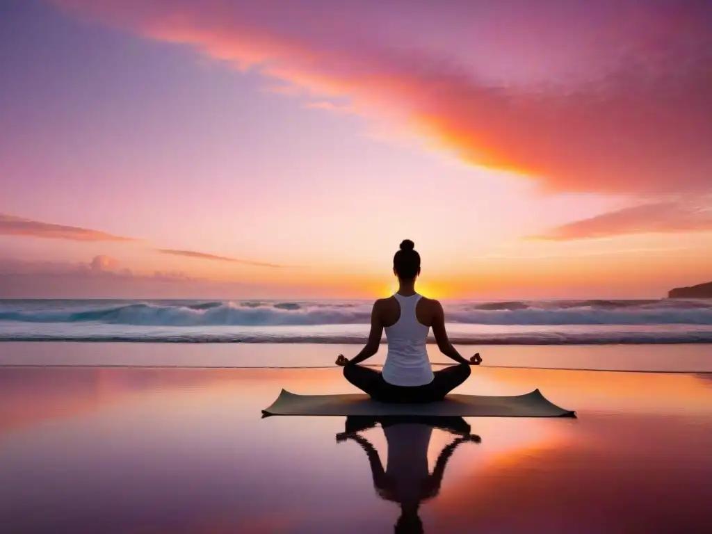 La silueta de un yogui en una playa de Uruguay al amanecer, reflejando paz y energía