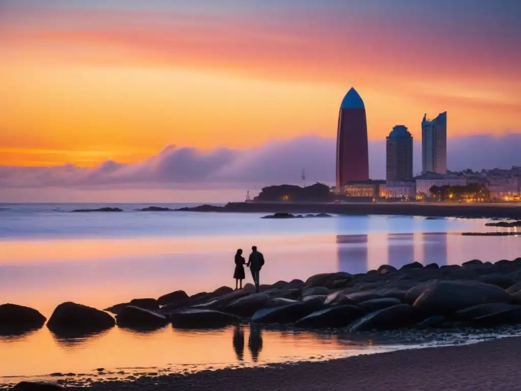 Siluetas de parejas conversando en la costa al atardecer en Montevideo, Uruguay, resaltando la importancia de escuchar en las relaciones