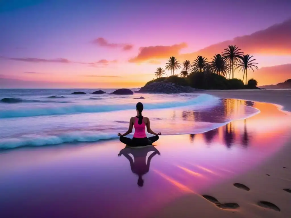 Siluetas practicando yoga al atardecer en la costa de Uruguay, reflejando el ciclo del estrés en Uruguay