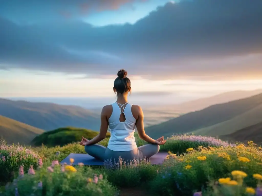 Siluetas practicando yoga al amanecer en Sierras Uruguayas, rodeadas de flores silvestres