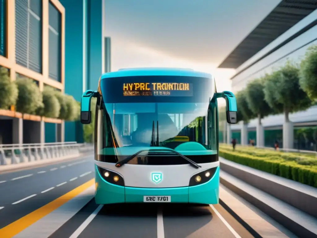 Un sistema de transporte sostenible en Uruguay con buses eléctricos futuristas rodeados de vegetación y arquitectura moderna