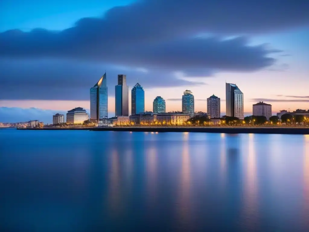 Skyline de Montevideo al atardecer, reflejando luces en el Río de la Plata