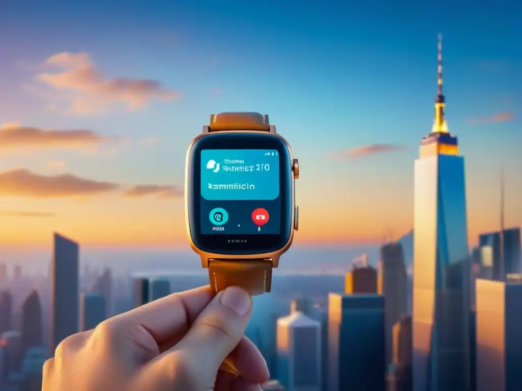 Un smartwatch conectado en una ciudad futurista, mostrando apps de comunicación