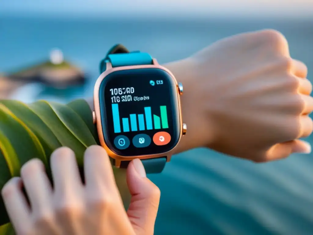 Un smartwatch moderno muestra datos de salud en pantalla, usado por una persona activa en la costa de Uruguay