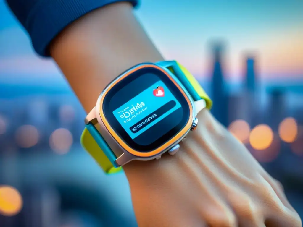 Un smartwatch moderno mostrando datos de salud avanzados en una ciudad digitalizada