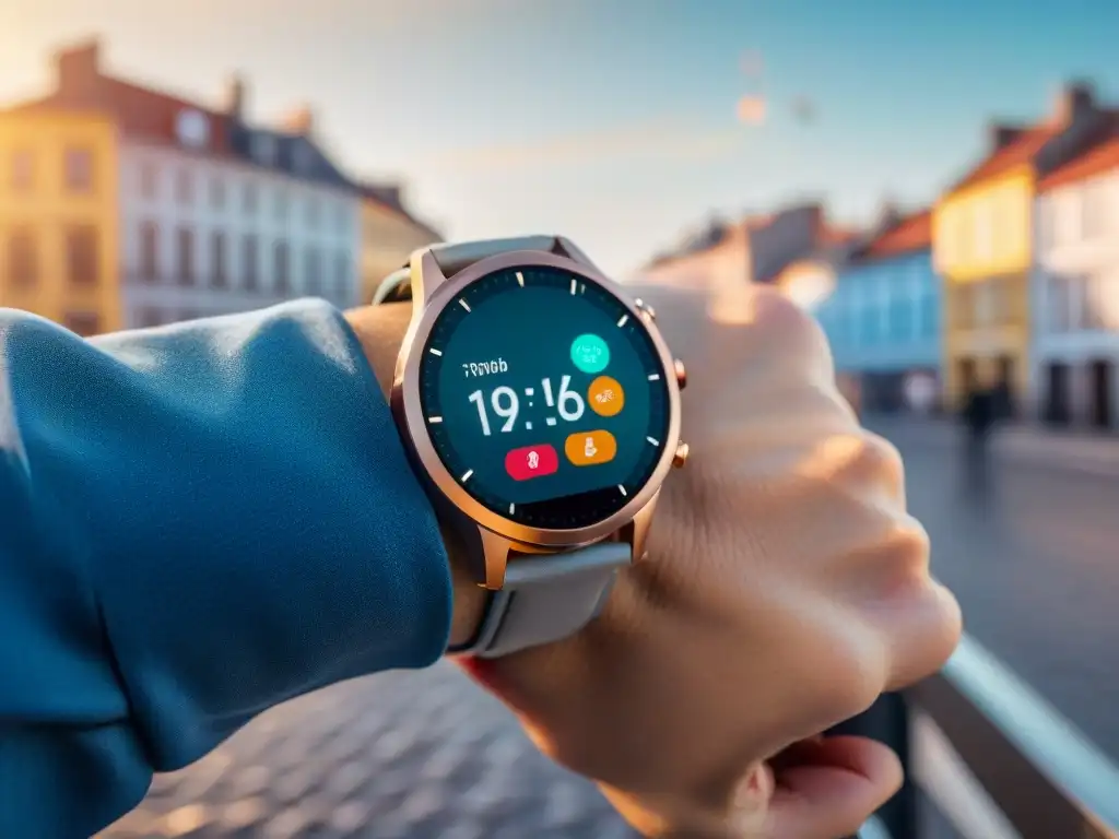 Un smartwatch moderno e inteligente mostrando datos de salud en una ciudad vibrante de Uruguay