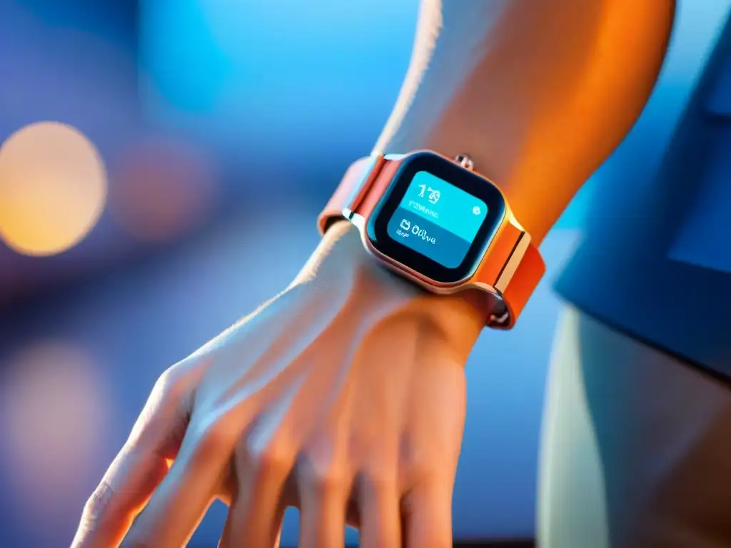 Smartwatch fitness: potencia tu entrenamiento con estilo Un smartwatch moderno en muñeca musculosa, mostrando datos de entrenamiento, en un gimnasio casero