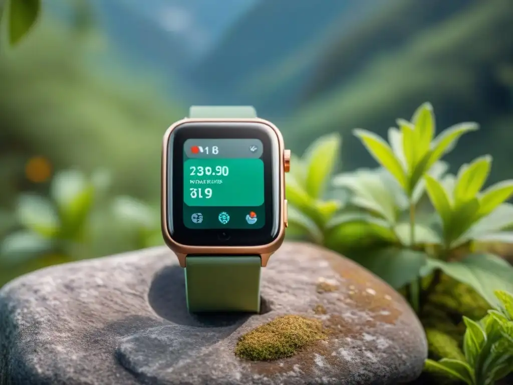 Un smartwatch solar vibrante en un bosque, simbolizando la armonía entre tecnología y naturaleza para amantes del aire libre en Uruguay