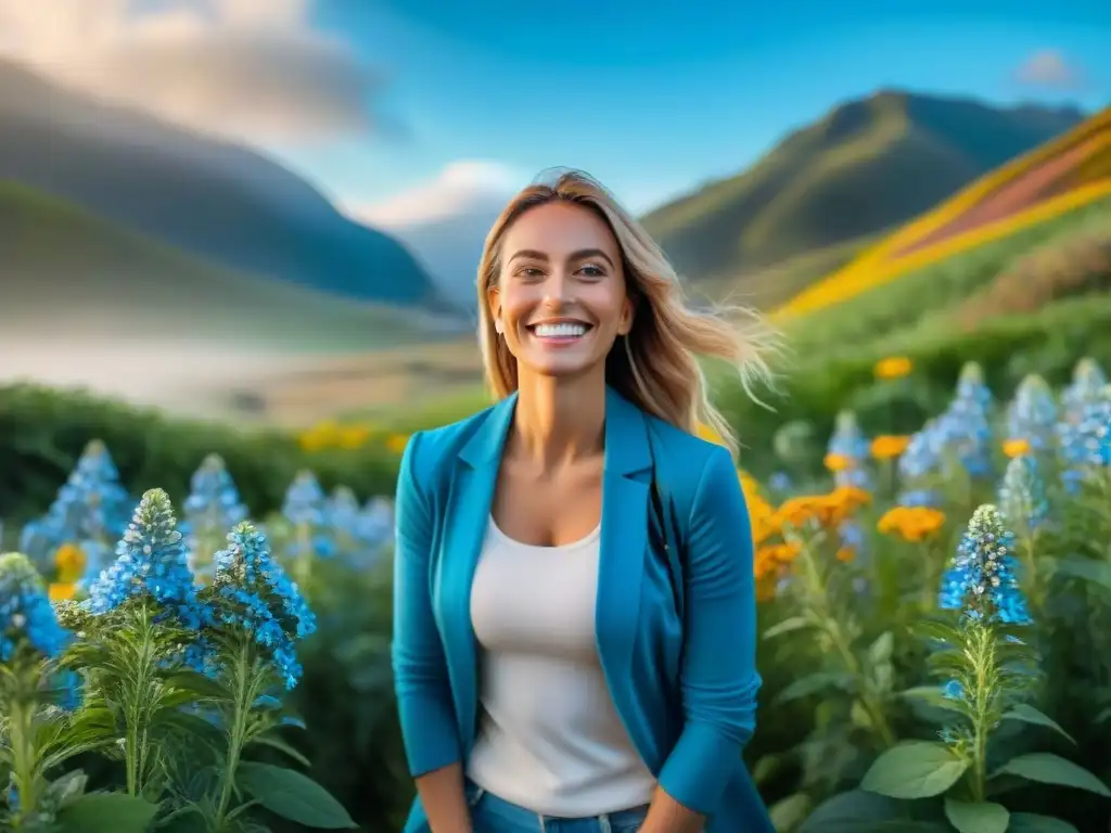 Sonrisa perfecta en paisaje uruguayo, transmitiendo salud y belleza