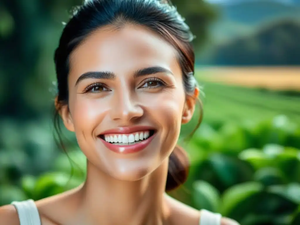 Una sonrisa radiante en paisajes verdes de Uruguay, que refleja confianza y felicidad