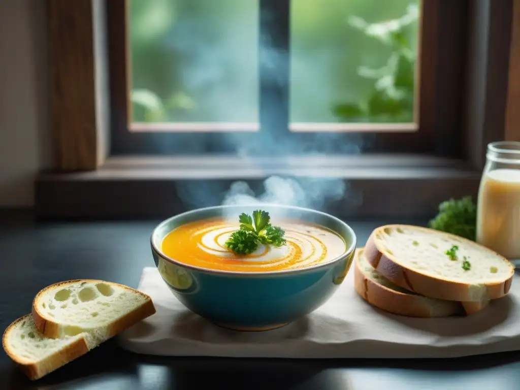 Sopa de zapallo receta uruguaya: escena acogedora con mesa de madera rústica y deliciosa sopa de zapallo adornada con crema y perejil fresco, acompañada de pan crujiente