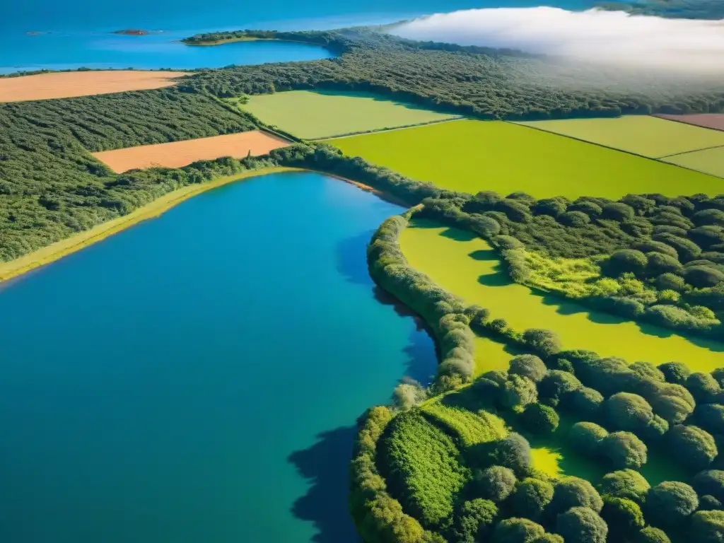 Producción sostenible carne uruguaya: Paisaje bucólico con pastizales verdes y ganado pacífico bajo cielo azul