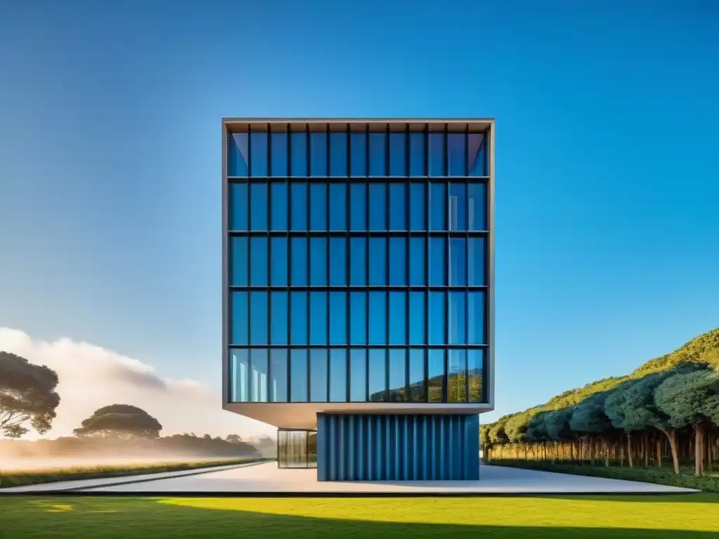 Construcción sostenible en Uruguay: Edificio moderno con diseño innovador, paneles solares y espacios verdes, bajo cielo azul claro