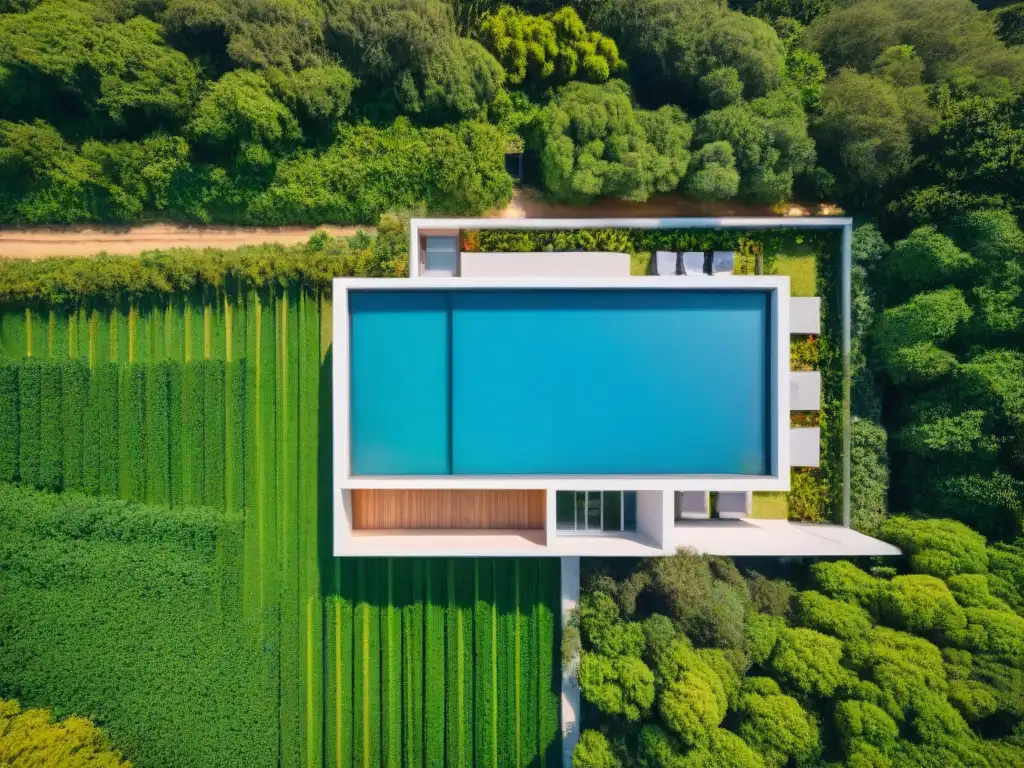 Construcción sostenible en Uruguay: Edificio moderno rodeado de vegetación, paneles solares y cielo azul