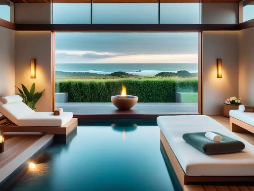 Spa moderno con vista a la costa de Uruguay, decoración minimalista en tonos tierra y huéspedes en batas blancas