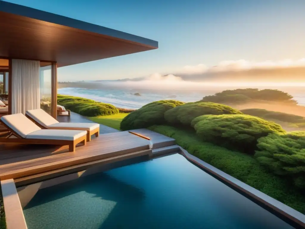 Spa moderno en Uruguay con vista a la playa al atardecer, reflejando lujo y bienestar integral