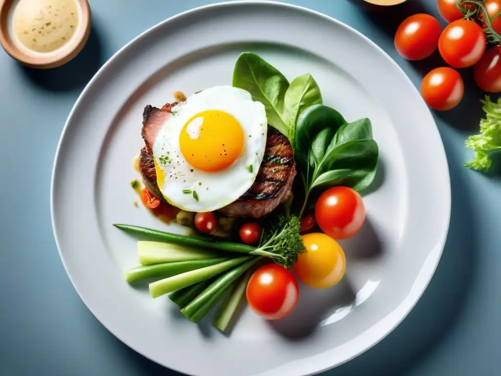 Un suculento Chivito al plato con beneficios de grasas saludables Uruguay, presentado de forma elegante en un plato blanco moderno