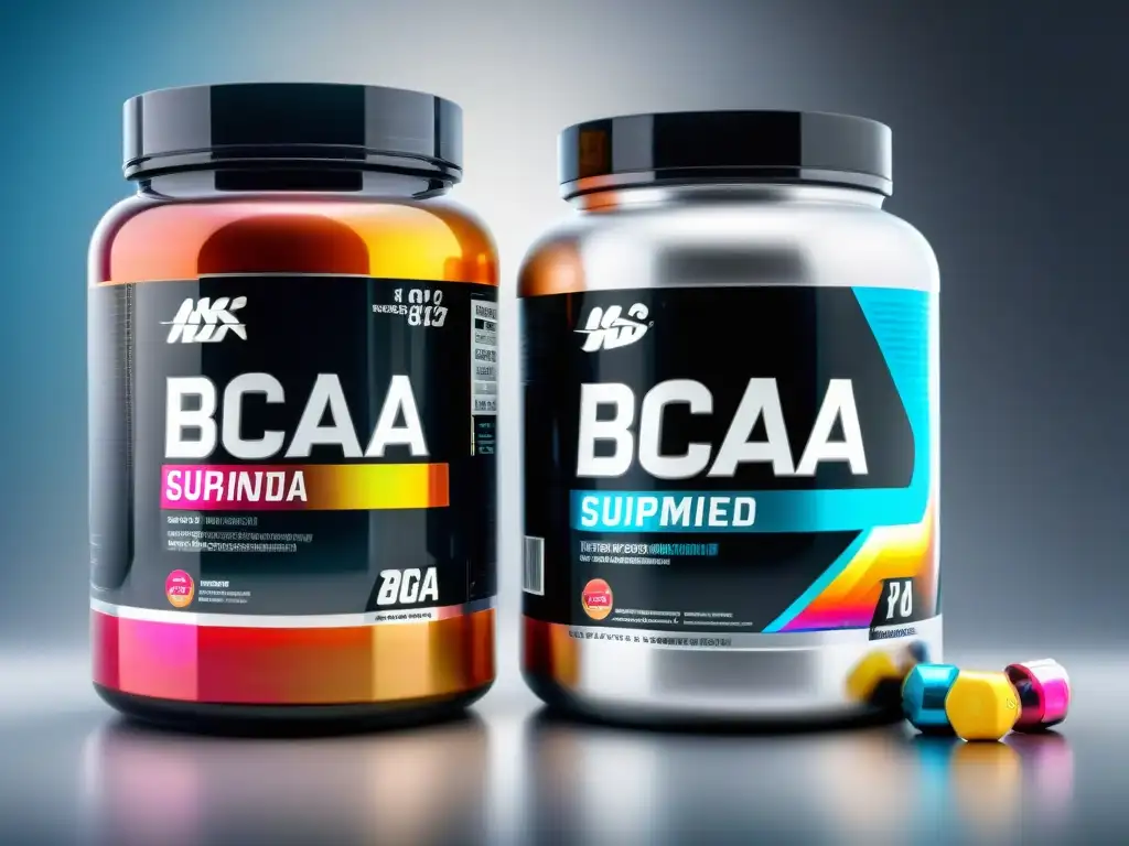 Comparación splitscreen de suplementos BCAA: envase moderno y vibrante, potenciando beneficios BCAAs deportistas rendimiento máximo