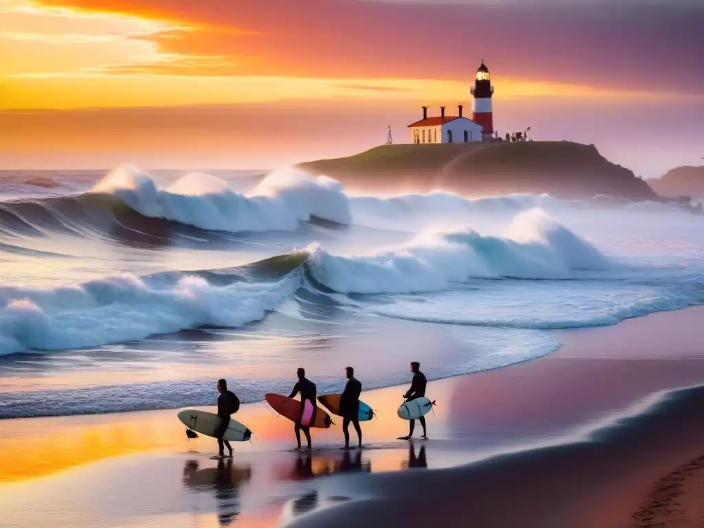 Surf terapéutico en Uruguay: Surferos navegando olas al atardecer en Punta del Diablo