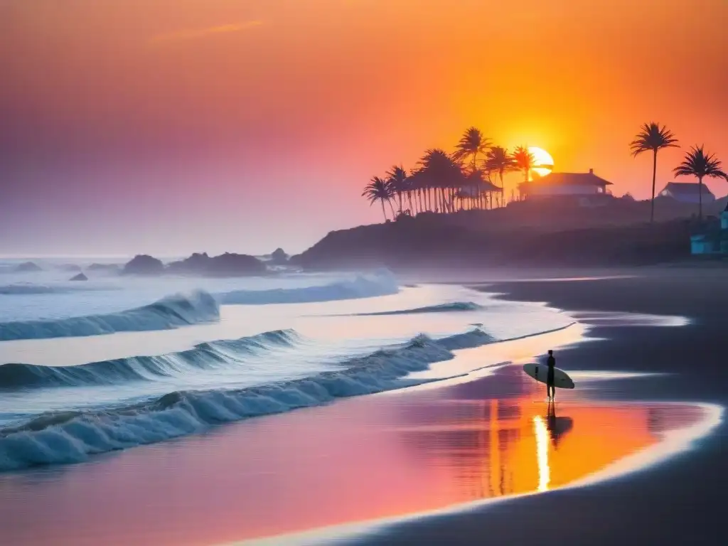 Un surfer disfruta del atardecer en Punta del Diablo, con tonos naranjas y rosados reflejados en el agua