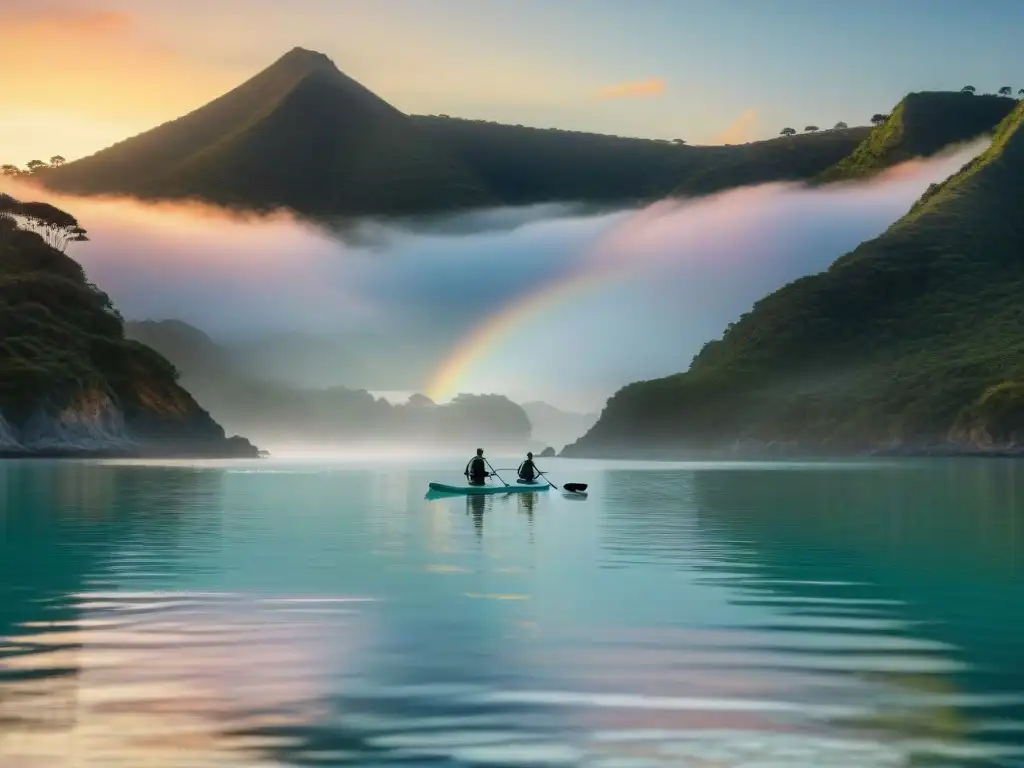 Paddle surfers en Laguna Garzón al amanecer, reflejando el cielo pastel en el agua quieta