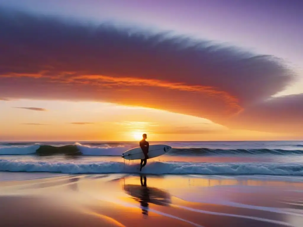 Un surfista surfeando al atardecer en Punta del Diablo, Uruguay