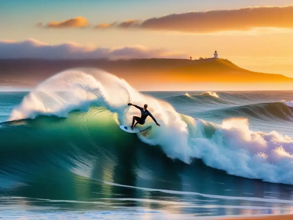 Un surfista disfruta del atardecer en Punta del Diablo, Uruguay