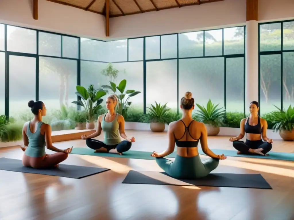 Un taller de bienestar en Uruguay con luz natural, plantas, personas practicando yoga y ambiente tranquilo