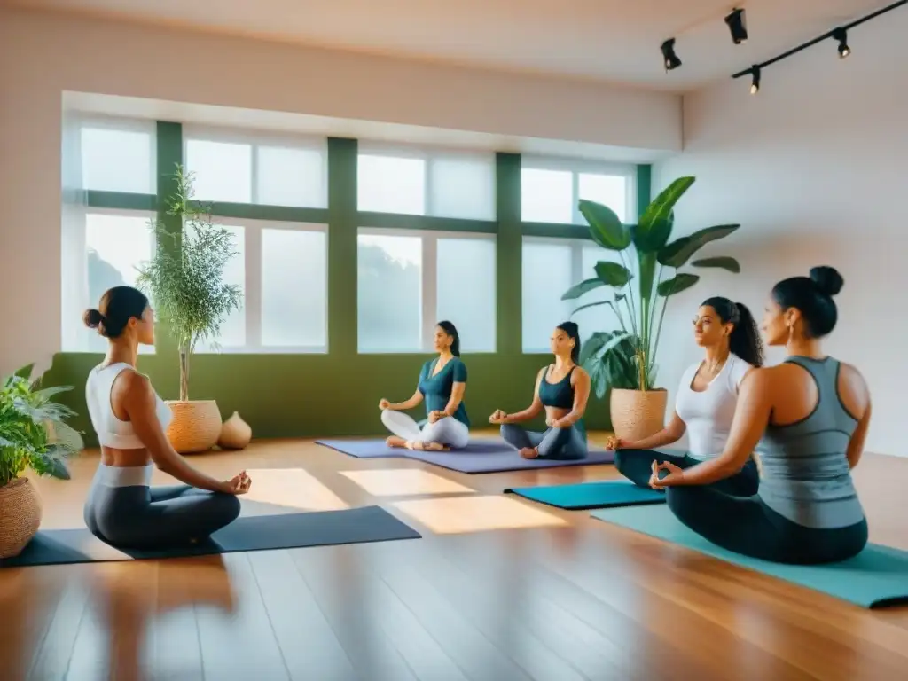 Talleres de bienestar en Uruguay: Grupo diverso participa en actividades de yoga y meditación en un estudio luminoso y elegante