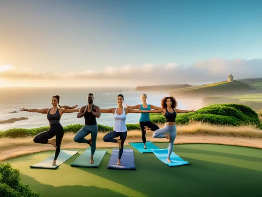 Talleres de bienestar en Uruguay: grupo diverso practica yoga en colina verde con vista al mar al atardecer