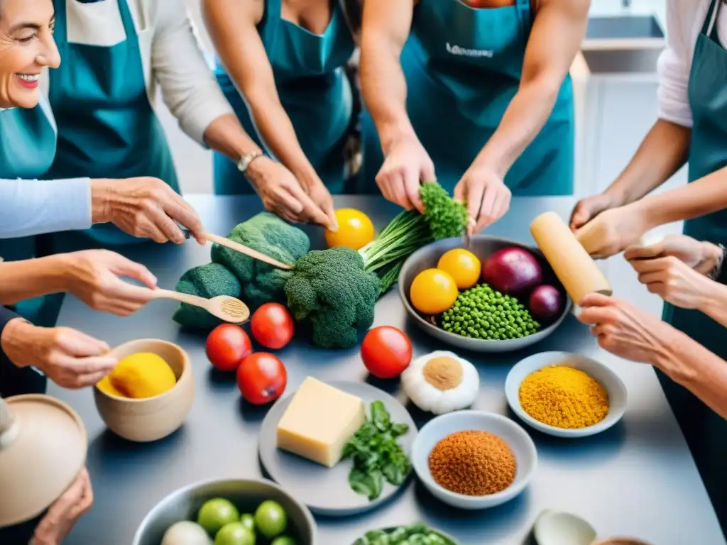 Talleres de cocina saludable en Uruguay: grupo diverso preparando platos coloridos rodeados de ingredientes frescos y equipo moderno