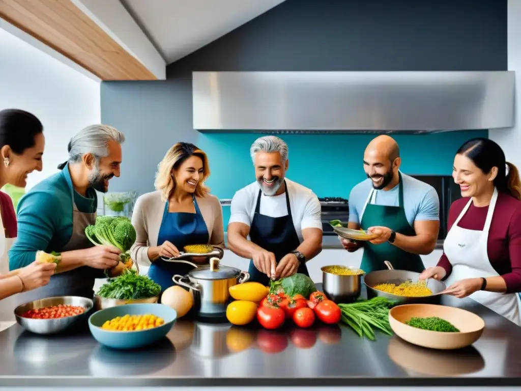 Talleres cocina saludable Uruguay: Grupo diverso cocinando en un ambiente moderno y colorido, compartiendo experiencias y energía positiva