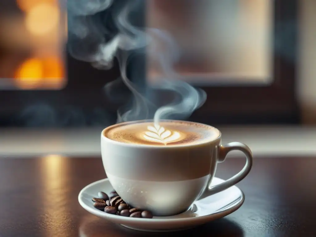 Una taza de café recién hecho con crema dorada, granos esparcidos y polvo de cacao, iluminada por el sol