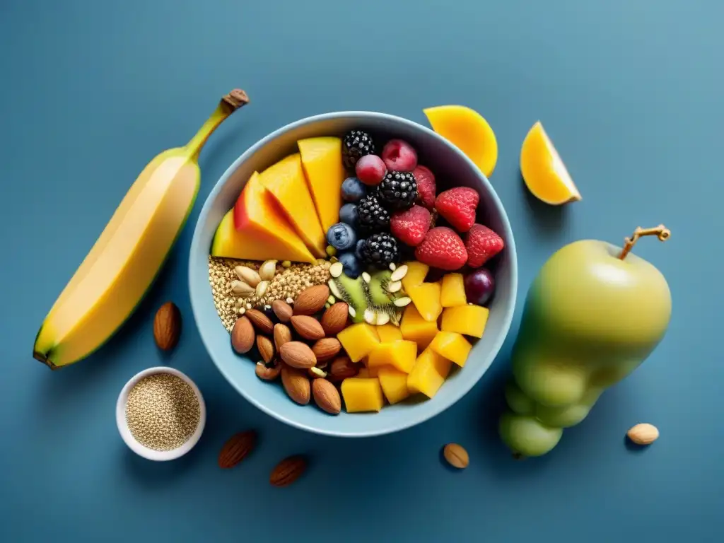 Un tazón repleto de frutas frescas, frutos secos y semillas, rodeado de cereales integrales y chía en una cocina moderna