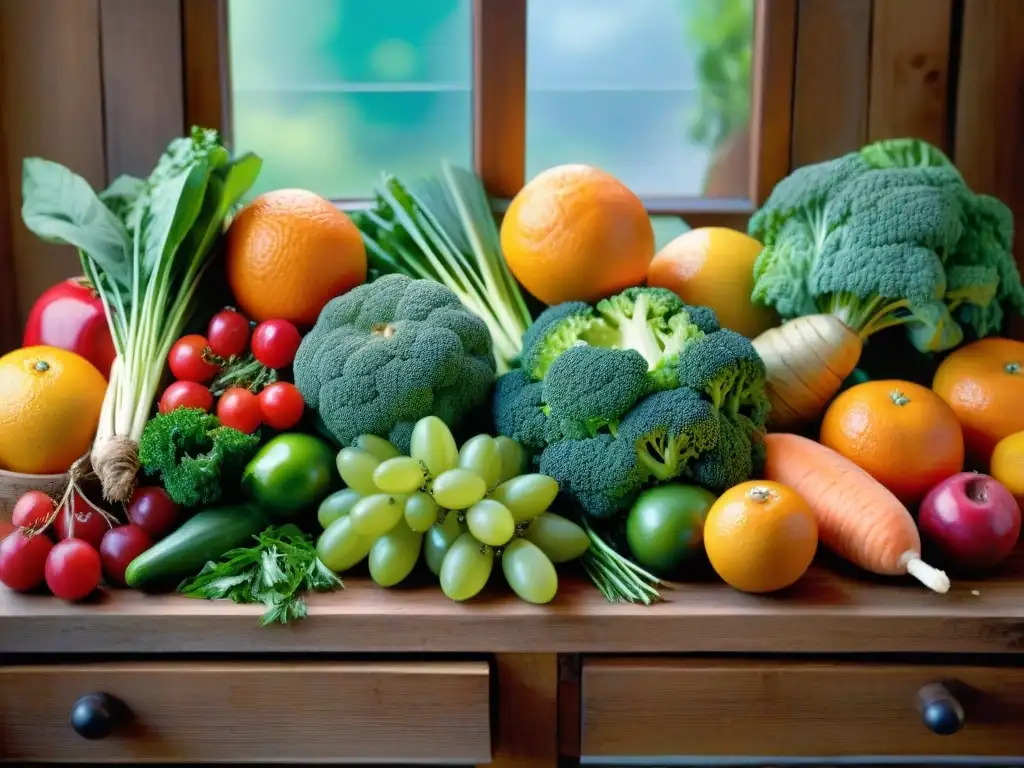 Una tentadora variedad de frutas y verduras frescas en una mesa de madera rústica