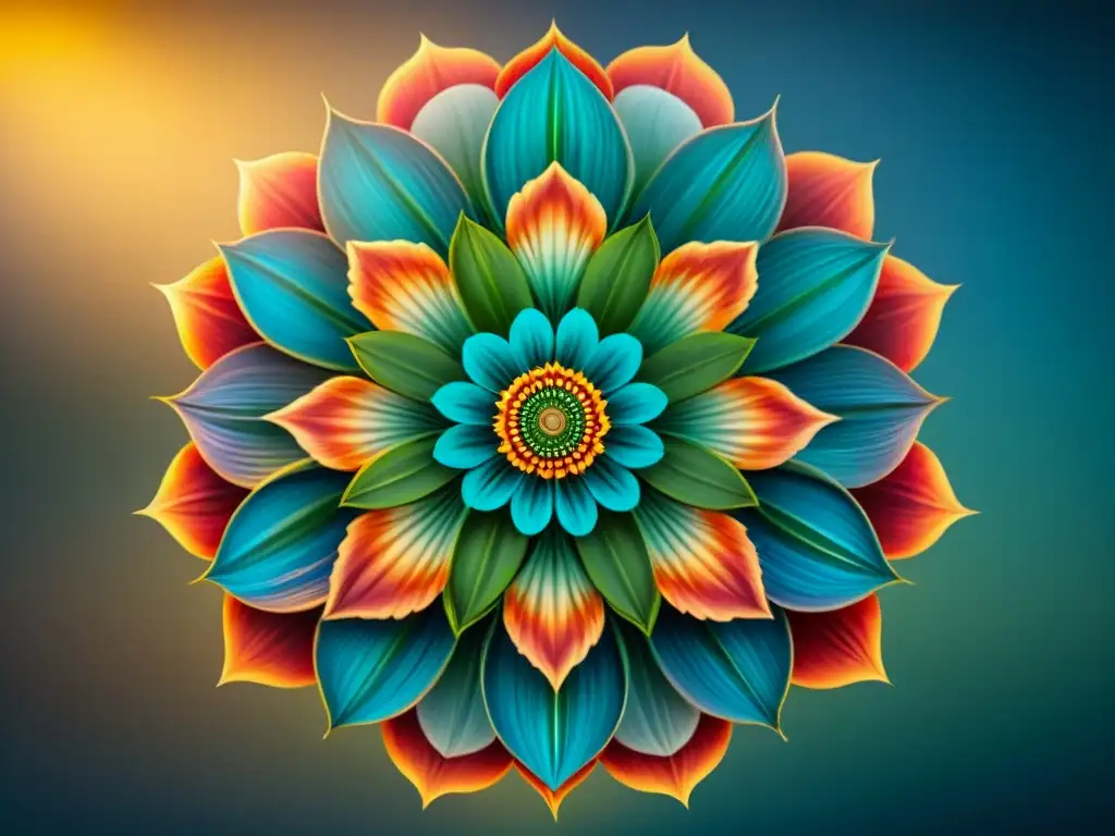 Terapia artística para combatir el estrés: Mandala digital de colores vibrantes y patrones intrincados, rodeado de elementos florales delicados