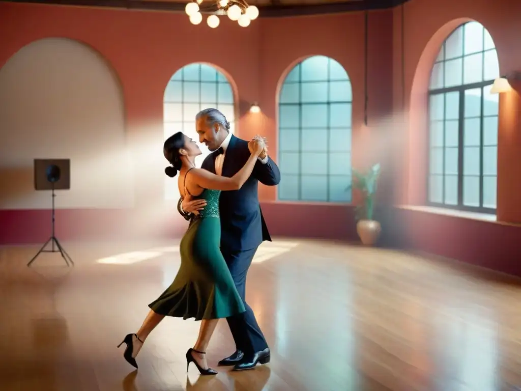 Una terapia emocional con tango uruguayo: personas de diferentes edades y culturas bailan en un estudio iluminado con toques auténticos