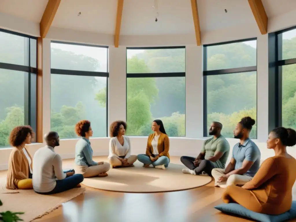 Una terapia grupal en un ambiente luminoso con vista a la naturaleza, muestra apoyo y conexión en cobertura salud mental seguros Uruguay