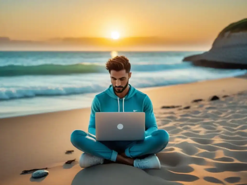 Equilibrando la gestión del tiempo en línea en Uruguay mientras se contempla el atardecer en la playa con la laptop