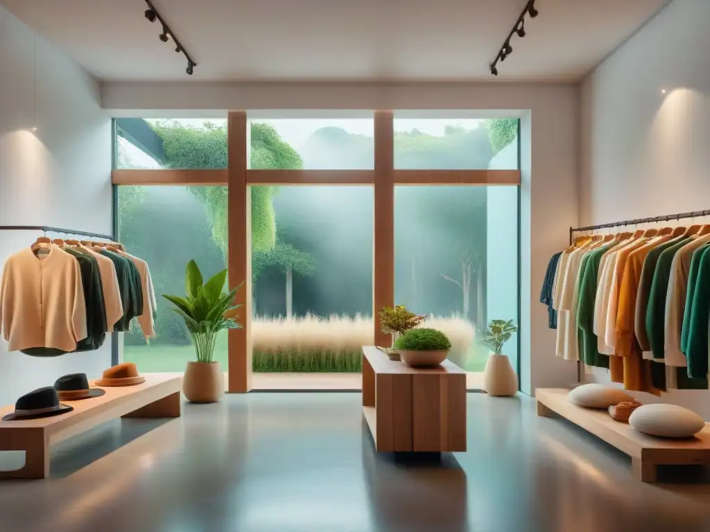 Tienda de moda sostenible y bienestar en Uruguay con ropa ecológica y colorida, ambiente tranquilo y consumidores conscientes