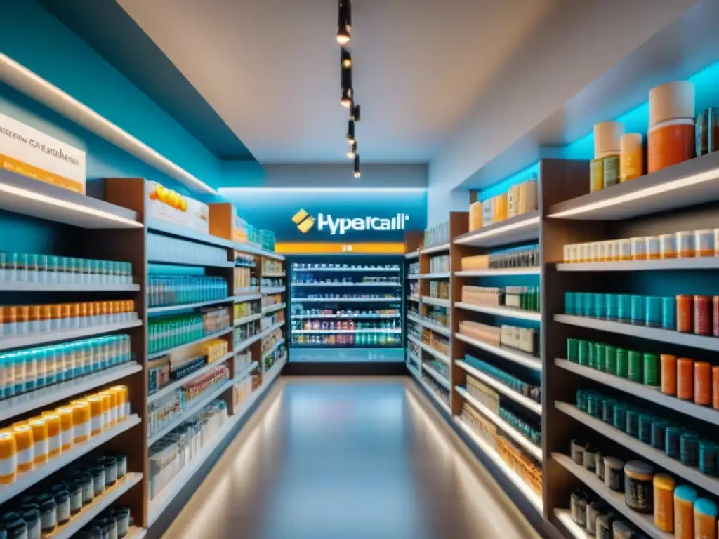 Una tienda de suplementos moderna en Uruguay con variedad de productos energizantes en estantes minimalistas, clientes de diversas edades explorando