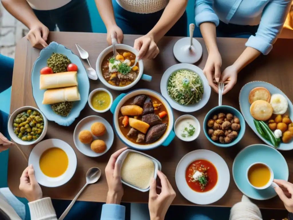 Una tradicional familia uruguaya disfruta de un festín de pequeñas porciones de platos locales, reflejando el control de porciones en Uruguay