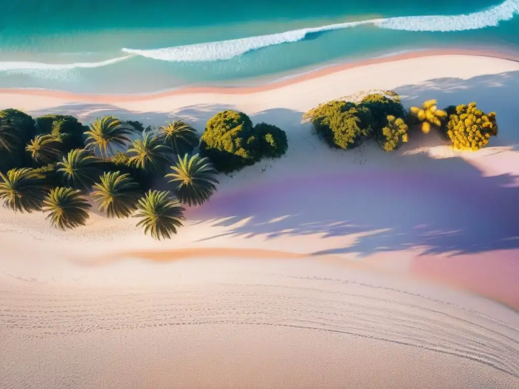 Tranquila playa en Uruguay al atardecer, con tonos dorados y palmeras proyectando sombras largas en la arena blanca