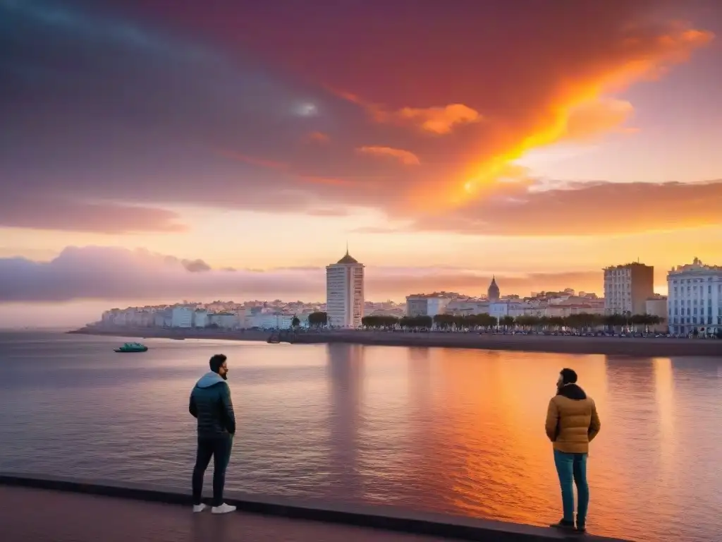 Tranquila puesta de sol en la Rambla de Montevideo, Uruguay, con pareja y vibrantes tonos naranjas y rosados reflejados en el Río de la Plata