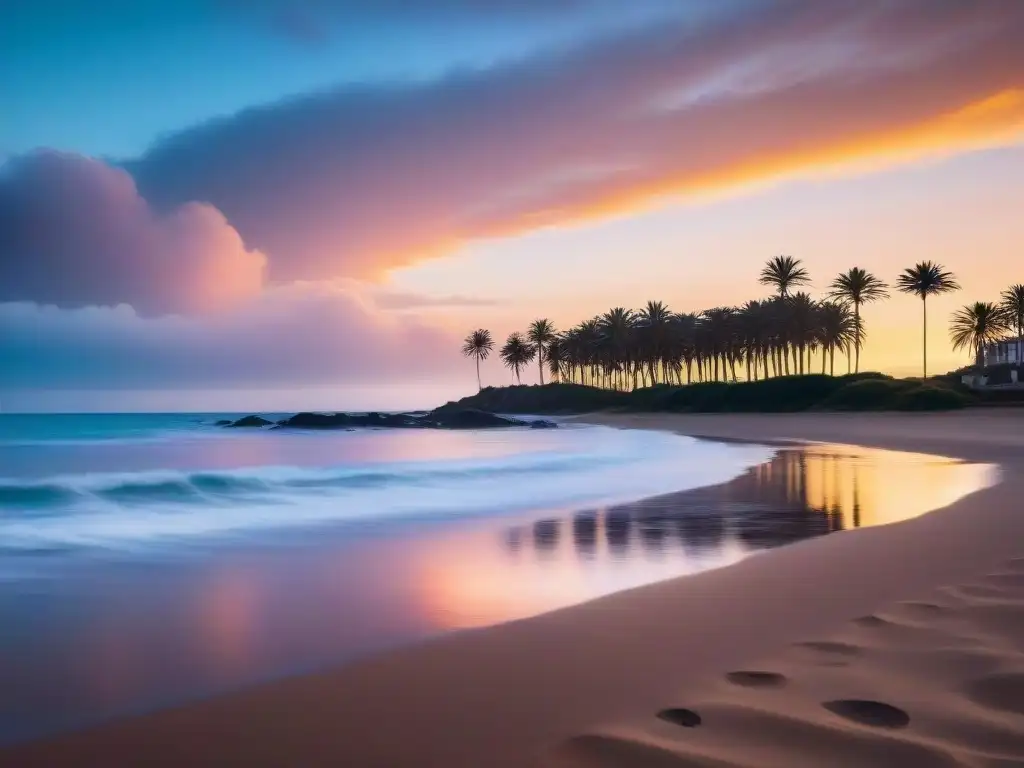 Tranquilidad en una playa uruguaya al atardecer, reflejos pastel en el mar