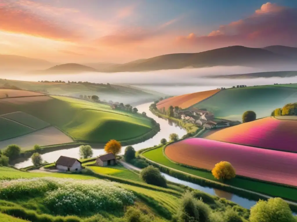 Un tranquilo atardecer rural con un río serpenteante y un pueblo en el valle